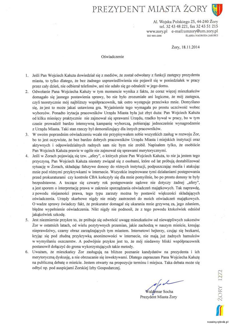 Oświadczenie prezydenta Sochy
