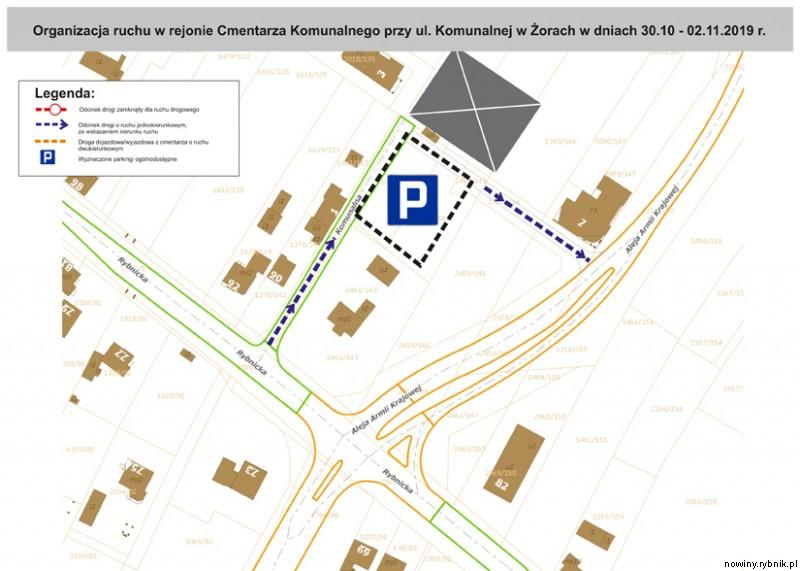 Mapki z nową organizacją ruchu w rejonie żorskich cmentarzy / www.zory.pl